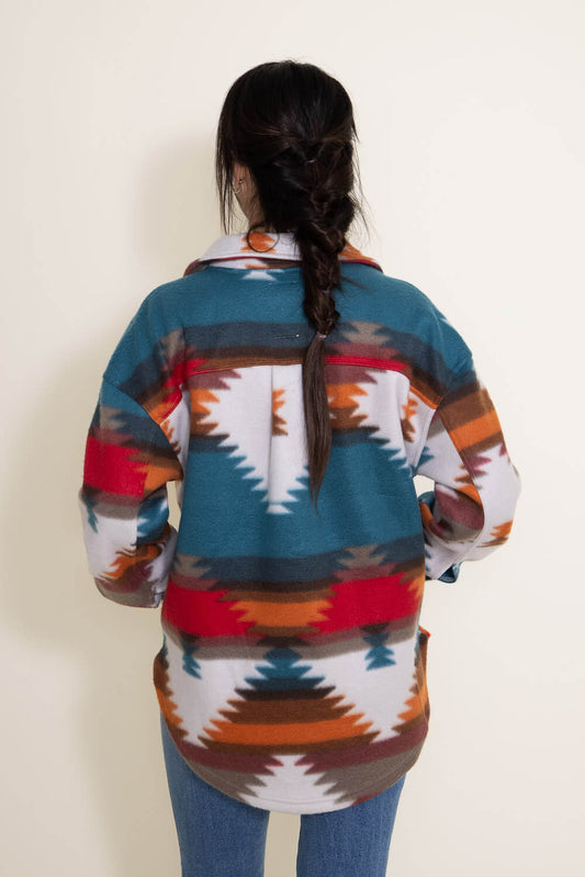 Red Aztec Print Fleece Snap Button Fornia Shacket