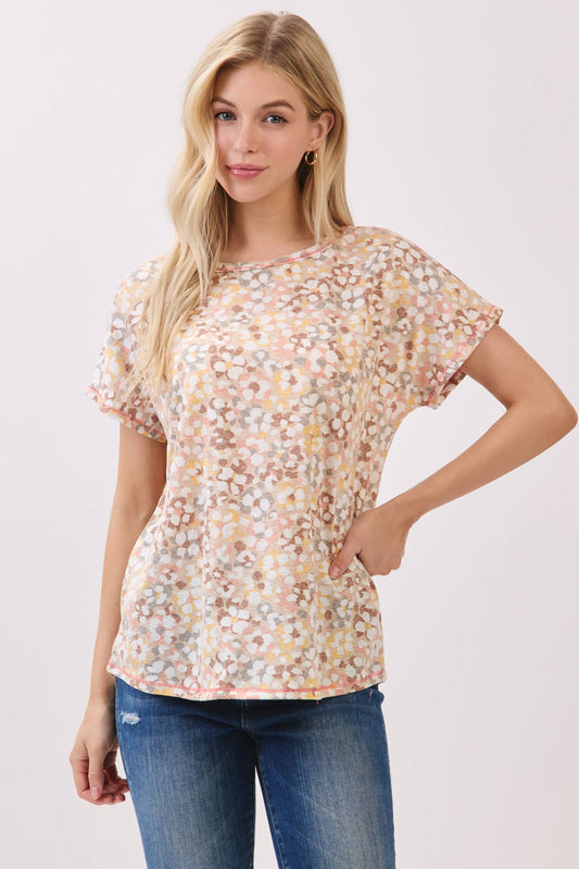 Beige Watercolor Dot Print Knit Top