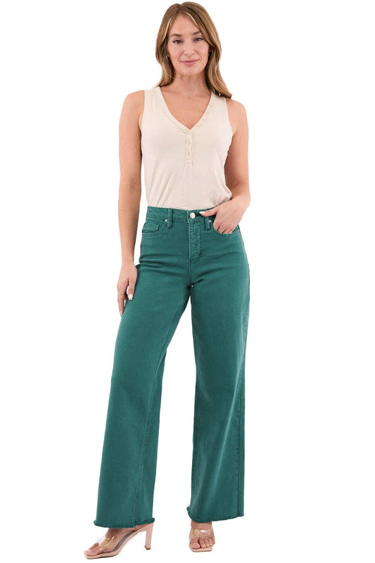 Chloe High Rise Frayed Wide Leg Pants: Blue Teal