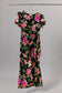 Round Neck Short Sleeve Waist Tie Slit Floral Midi Dress: Black-Multi Floral