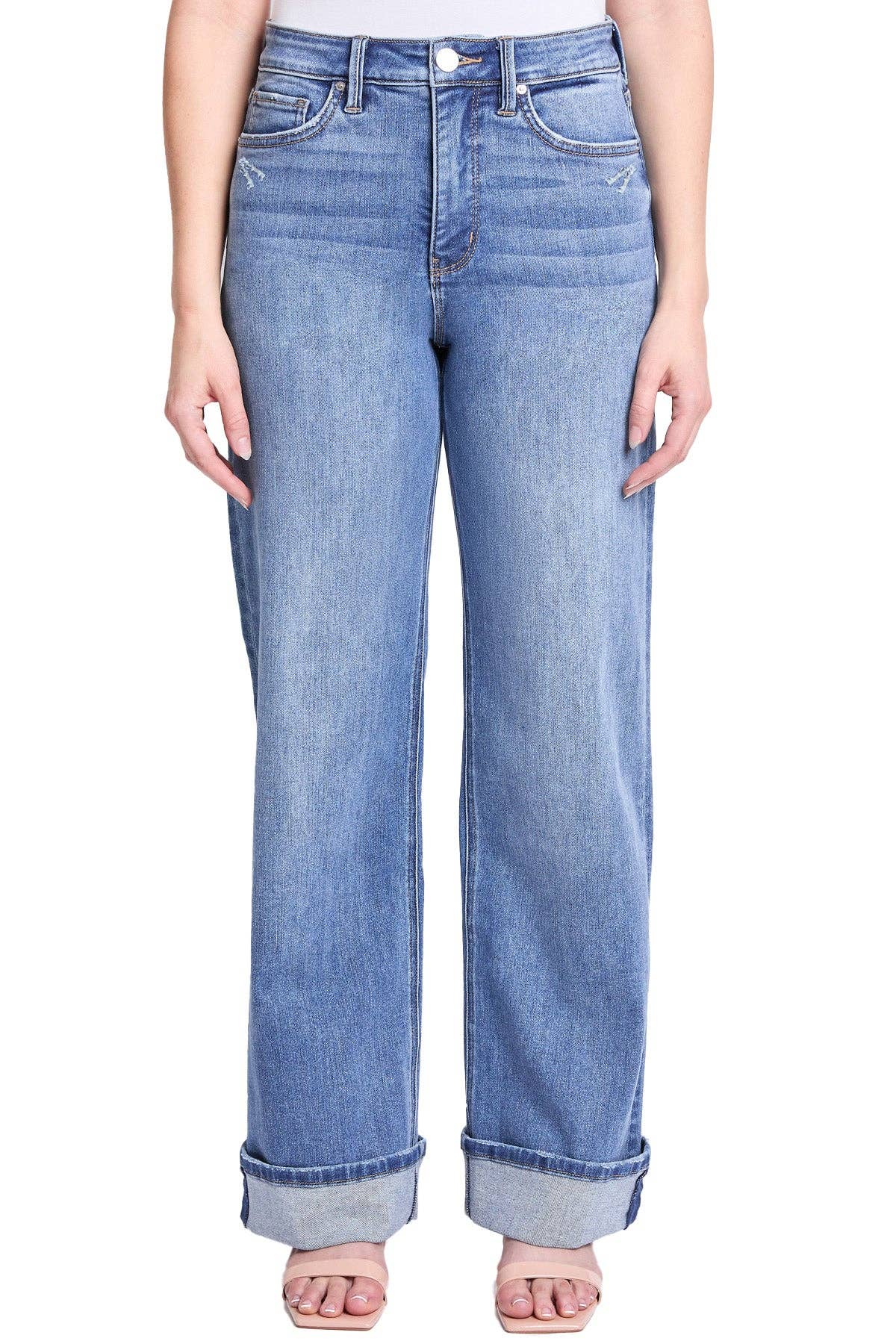 Hailey High Rise Cuff Wide Leg Jeans: Medium Wash