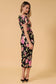Round Neck Short Sleeve Waist Tie Slit Floral Midi Dress: Black-Multi Floral