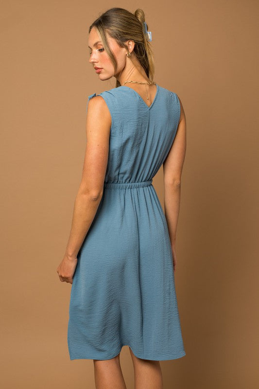 Sleeveless V-neck Shoulder Ruching Mini Dress *Multiple Colors*
