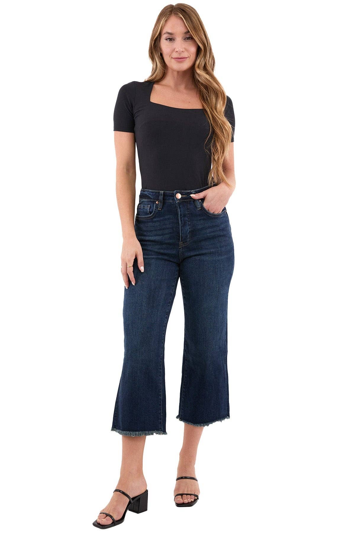Chloe High Rise Wide Leg Cropped Frayed Jeans: Vintage Tint Dark Wash