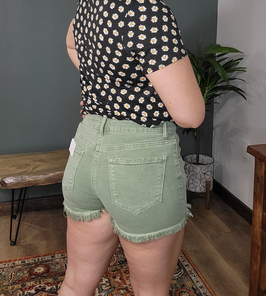 Risen Olive Green Distressed High Rise Shorts