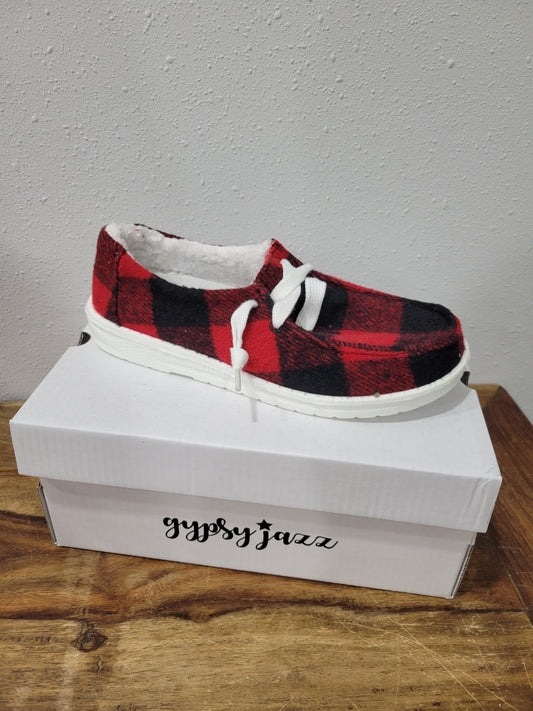 Kids Gypsy Jazz Red and Black Lumberjack Slip-on Shoes
