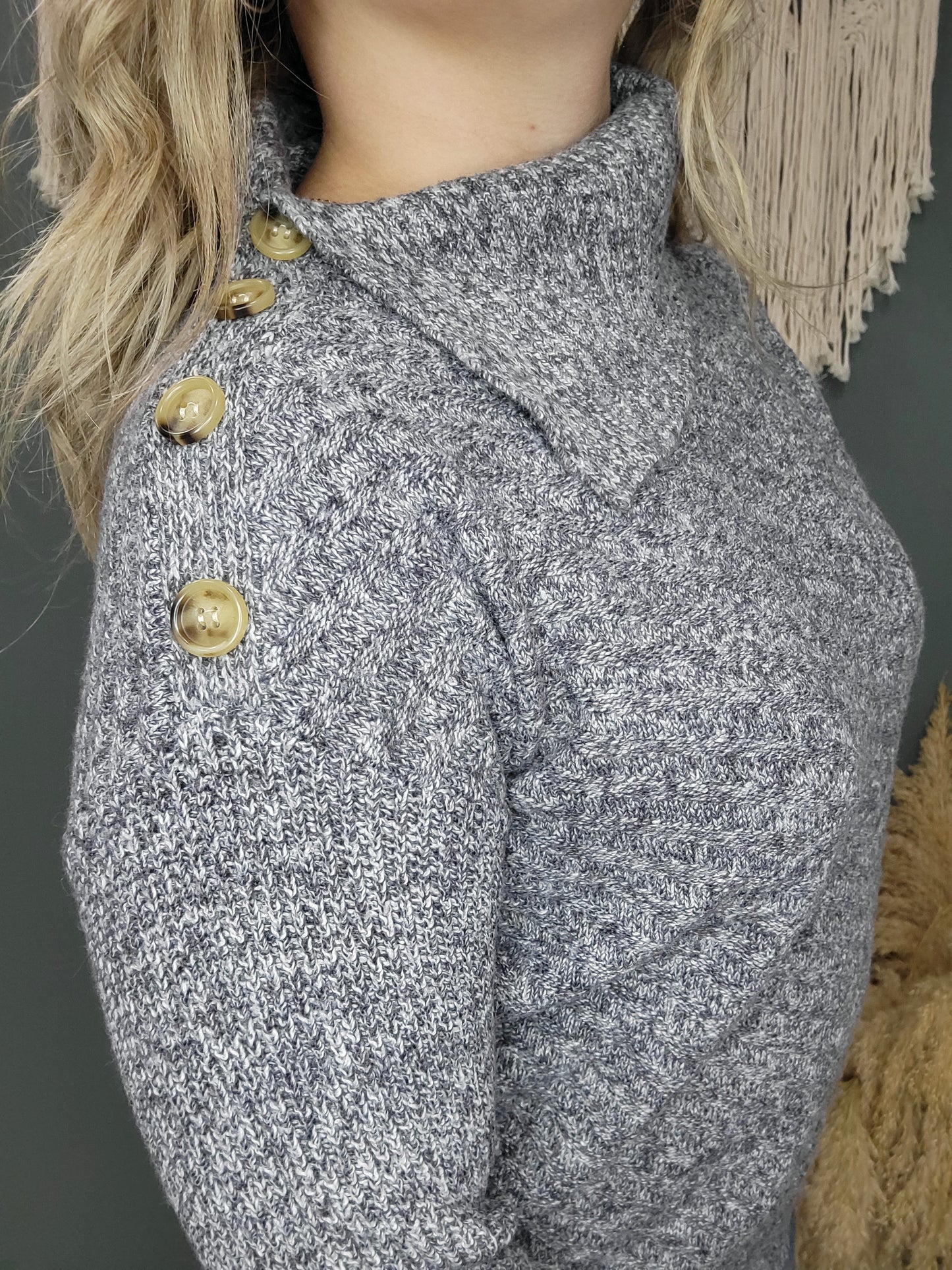 Heathered Grey Cowl Neck Staccato Sweater with Button Detailing