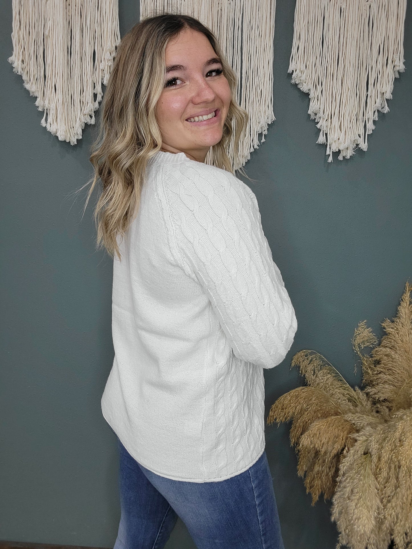 Ivory Woven Knit Crew Neck Sweater