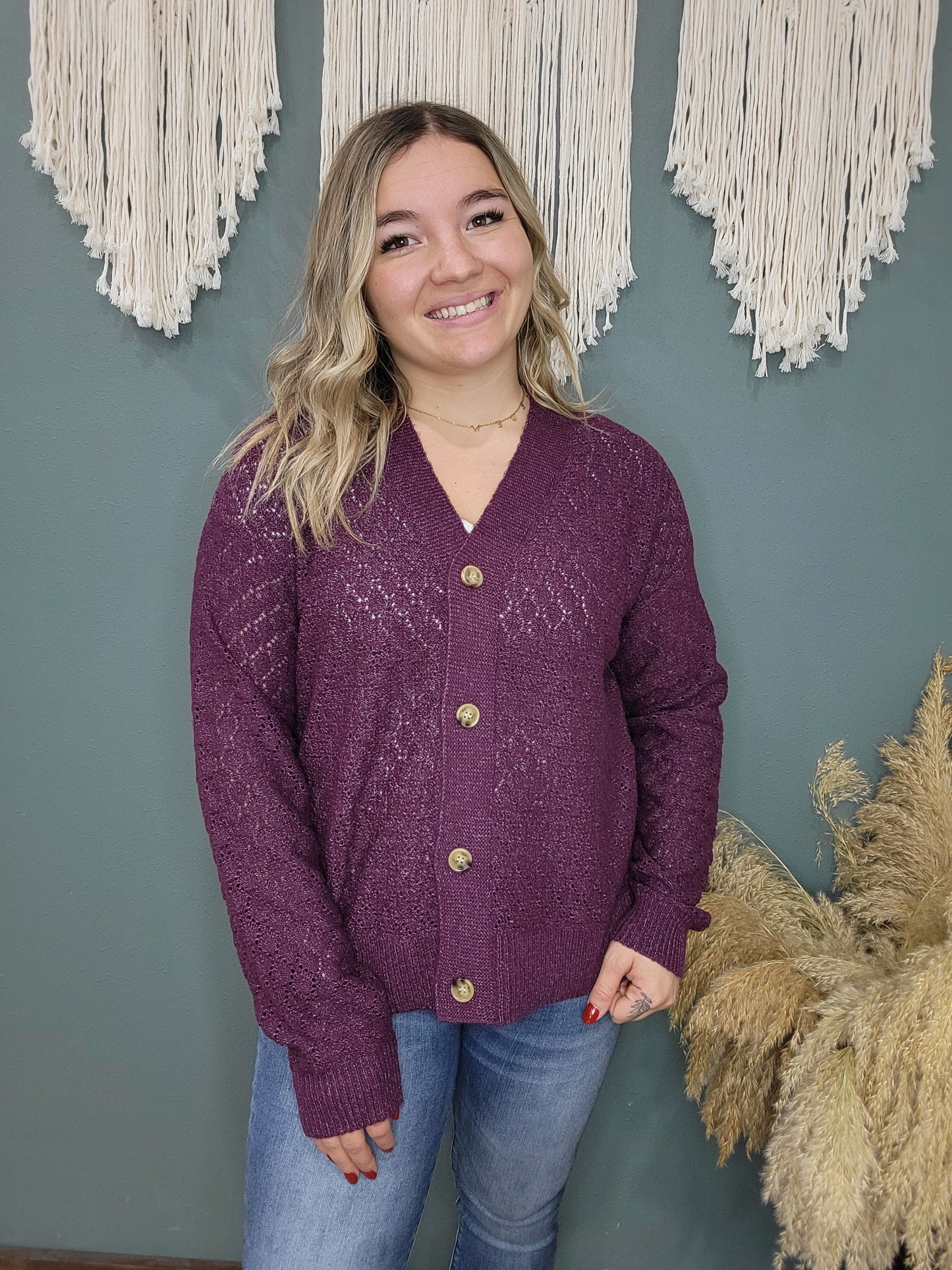 Plum Front Button Cardigan Sweater