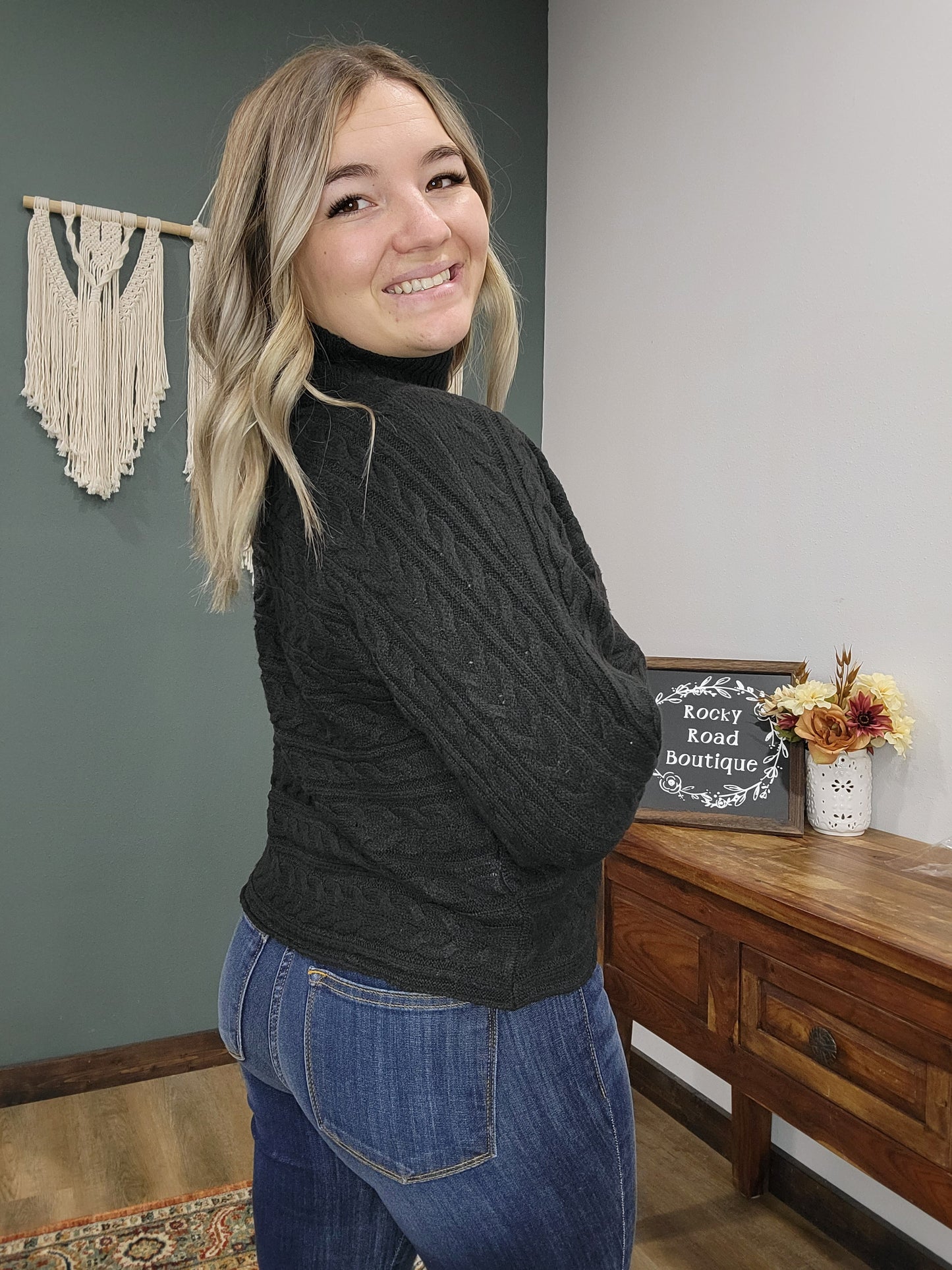 Black Woven Knit Turtle Neck Sweater