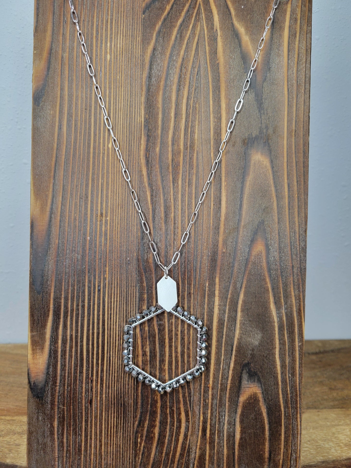 Silver Beaded Hexagon Pendant Necklace