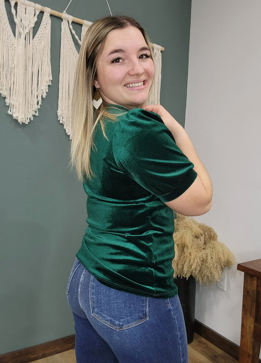 Emerald Green Velvet Bubble Sleeve Top