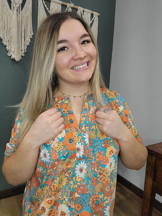 Sew in Love Turquoise and Orange Retro Floral Blouse Top