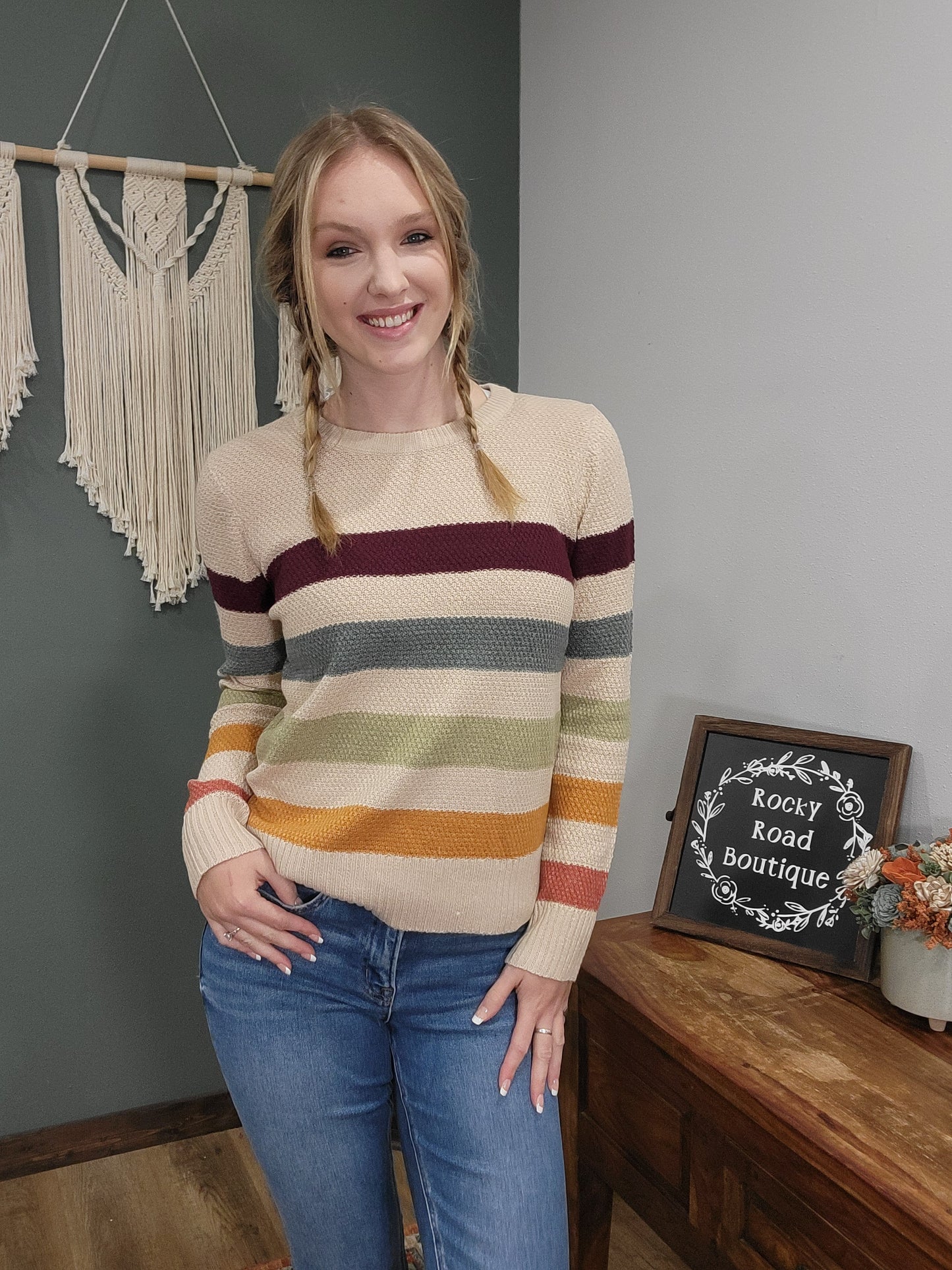 Staccato Knit Stripped Sweater /  Taupe, Plum, Green, Orange