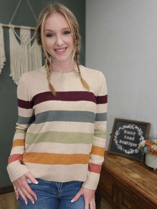 Staccato Knit Stripped Sweater /  Taupe, Plum, Green, Orange