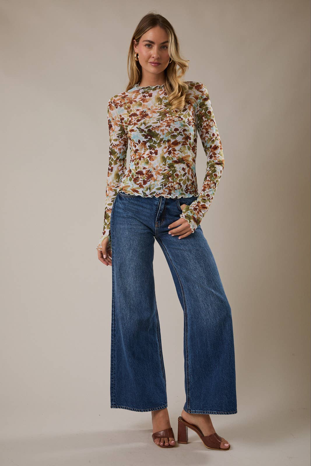 Gilli Long Sleeve Merrow Hem Mesh Top: Ivory-Multi Ditsy