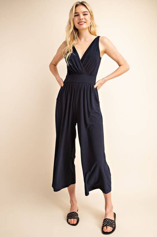 Surplice Sleevless Waist Defined Cropped Jumpsuit: Navy