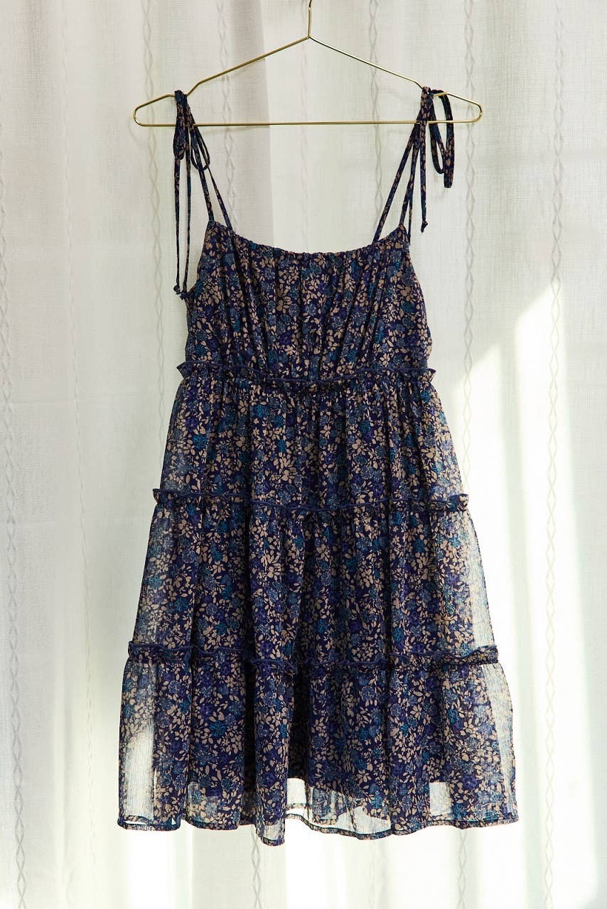 Spagetti Tie Strap Tiered Baby Doll Ditsy Print Mini Dress: Navy-Taupe Ditsy