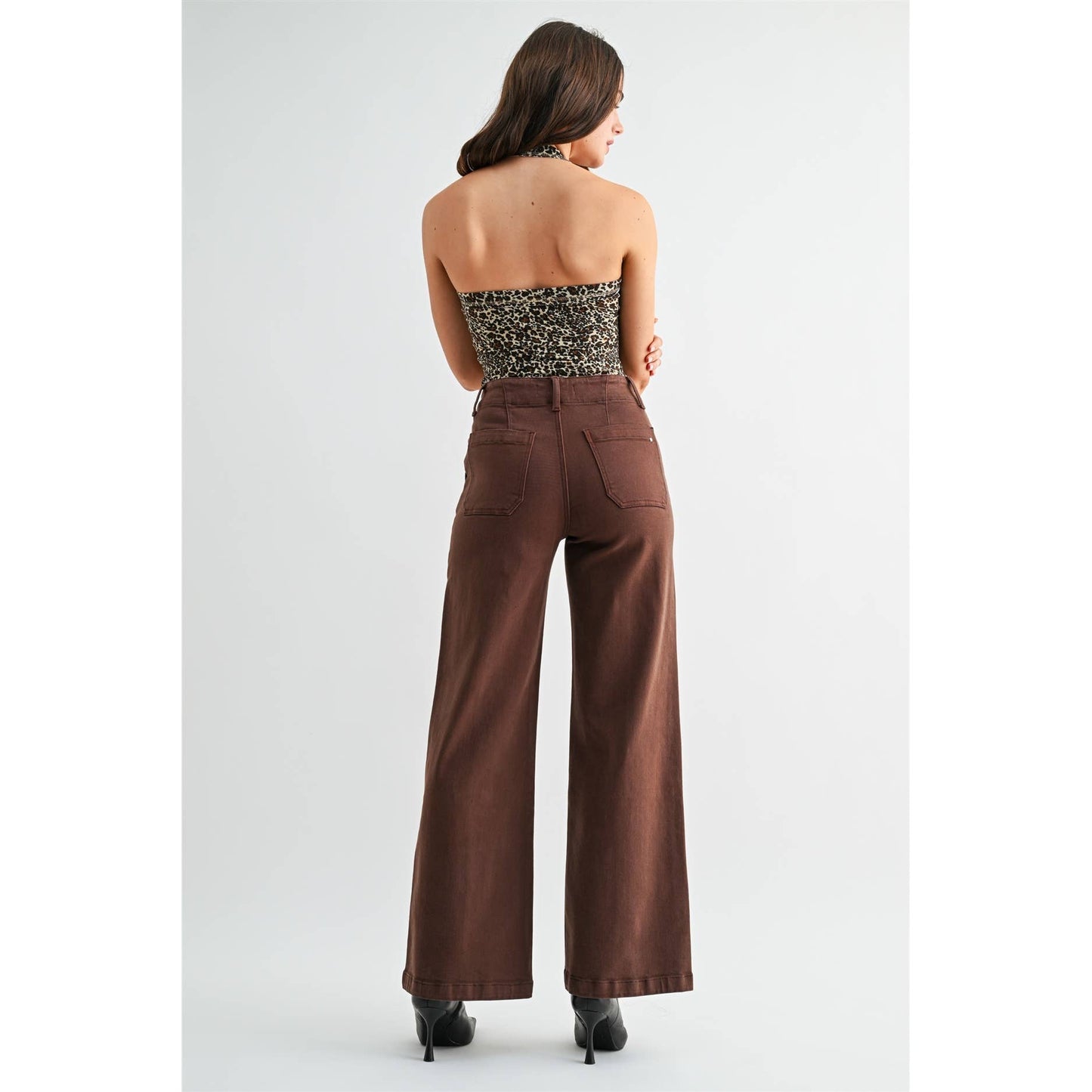 Mica Denim High Rise Tummy Control Wide Leg Seamed Front - Brown