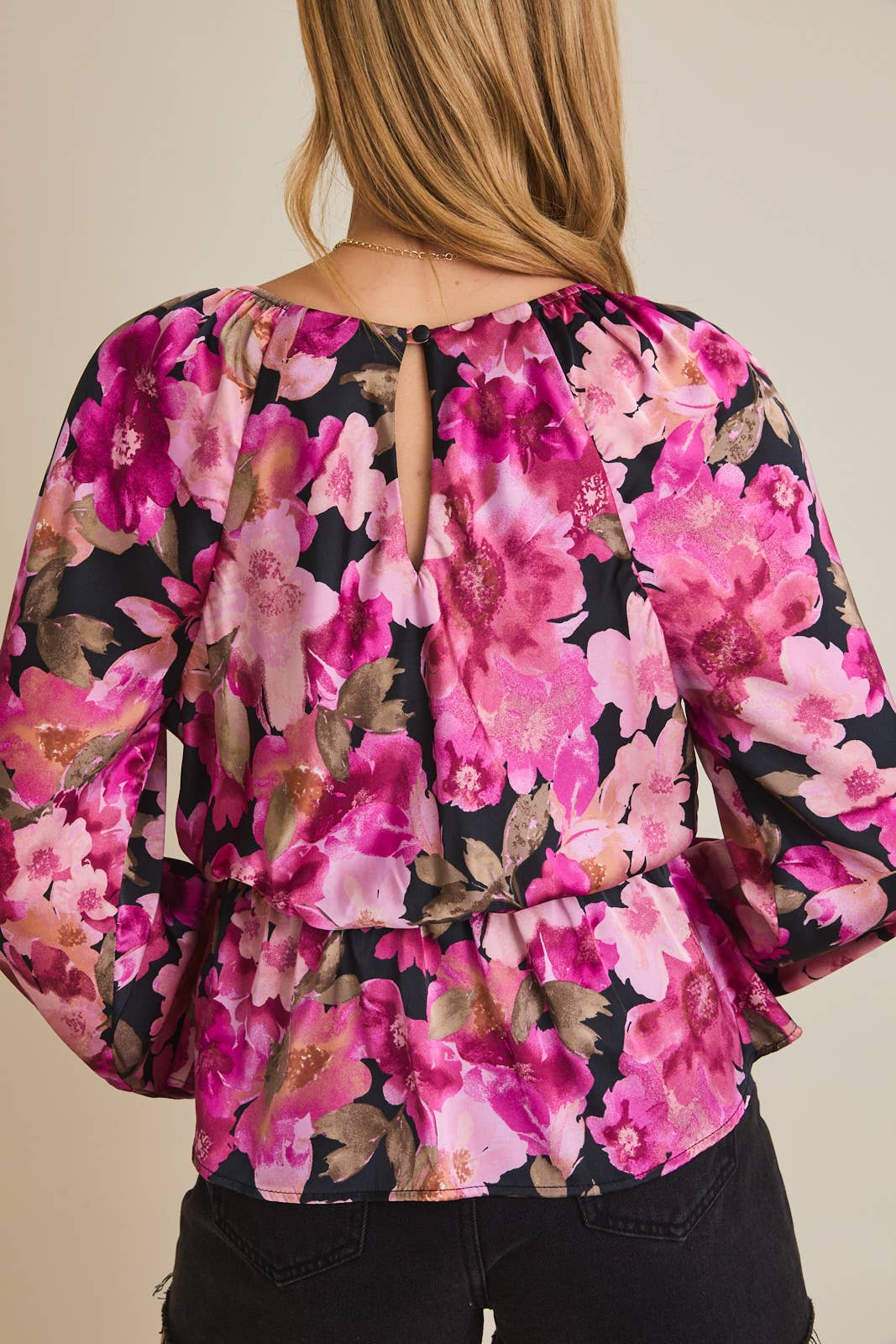 Gilli Long Sleeve Peplum Top: Black-Fuschia Floral
