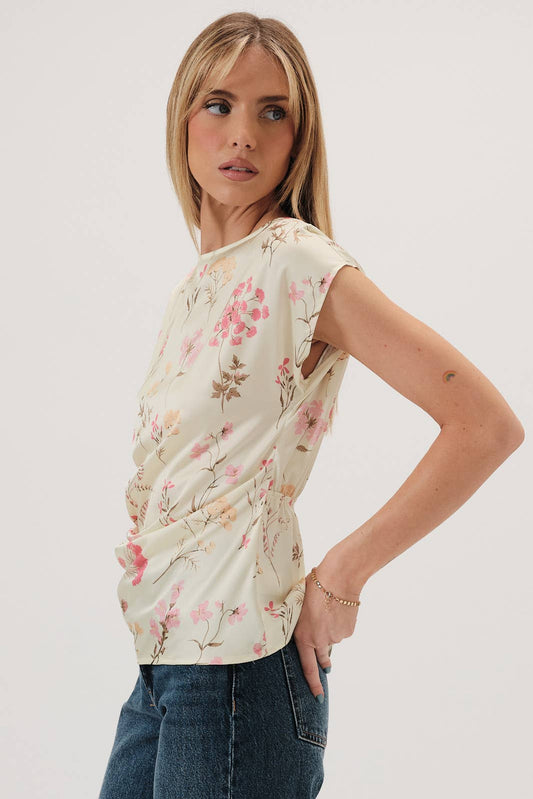 Round Neck Short Sleeve Waist Shirring Detail Top: Butter-Multi Floral