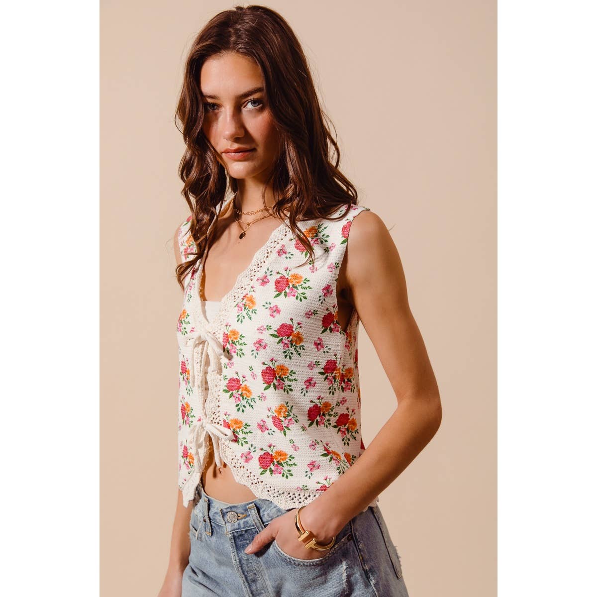 Floral Tie Front Vest