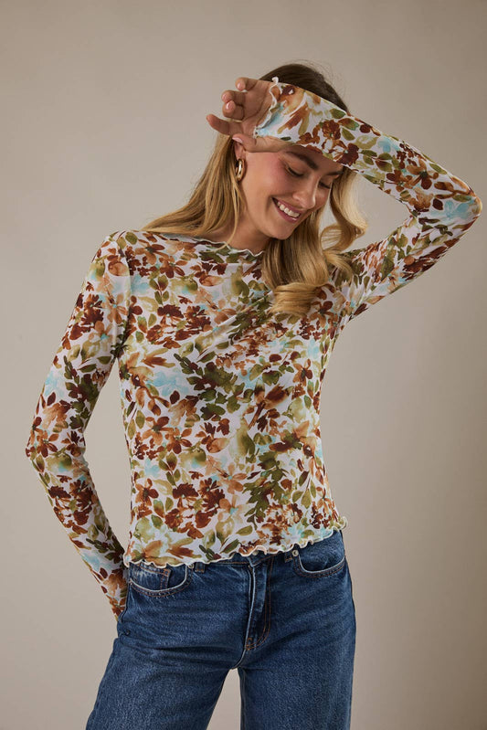 Gilli Long Sleeve Merrow Hem Mesh Top: Ivory-Multi Ditsy