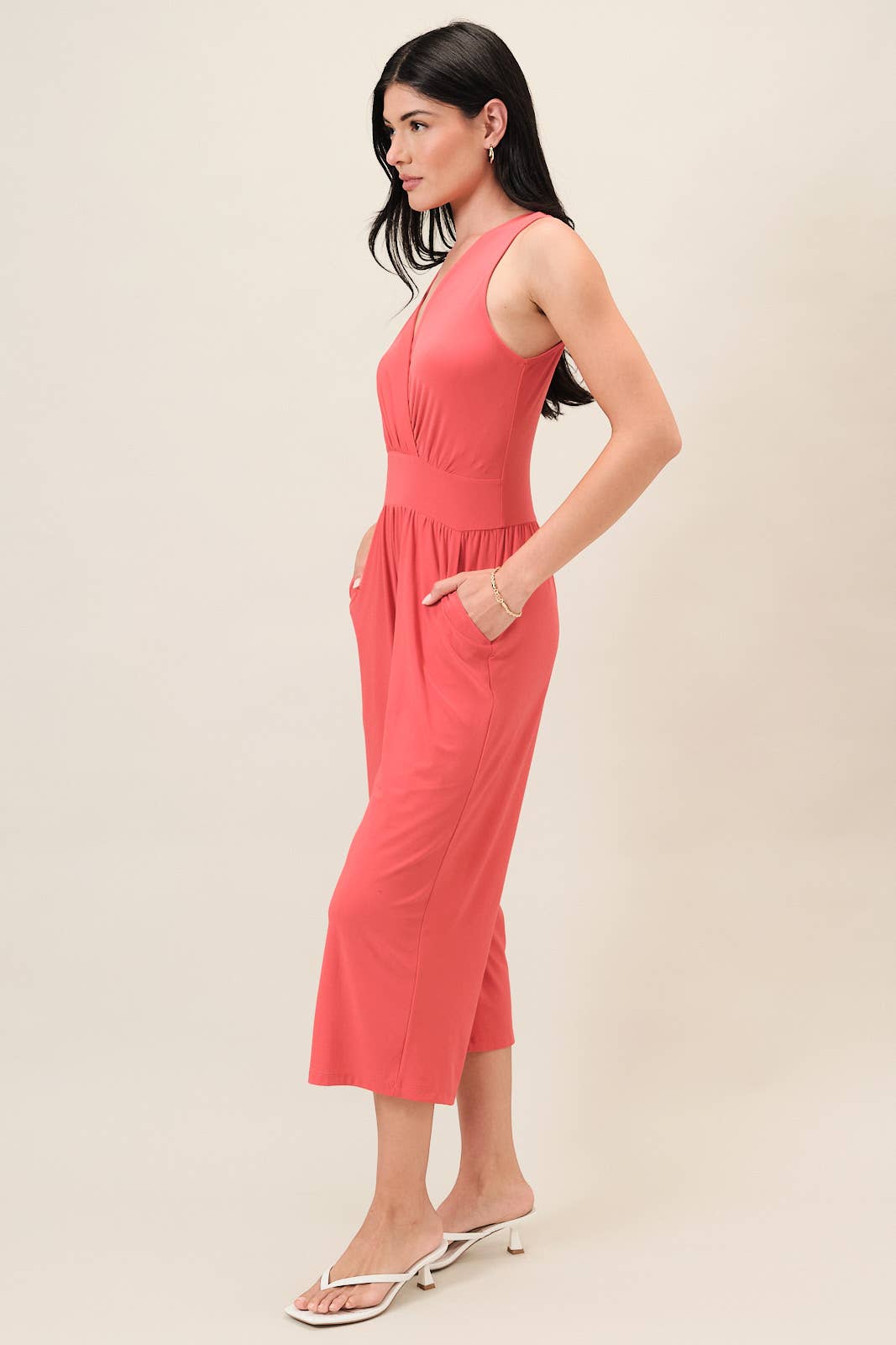 Surplice Sleevless Waist Defined Cropped Jumpsuit: Navy
