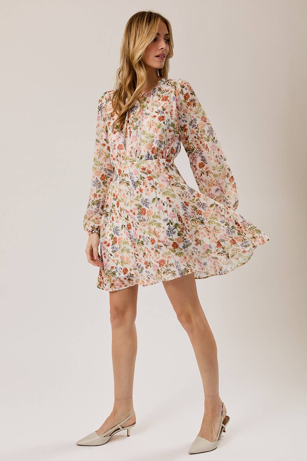 Gilli Long Sleeve Floral Print Mini Dress: Ivory-Multi Floral