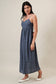 Sweet Heart Neck Spagetti Strap Linen Look Midi Dress: Navy