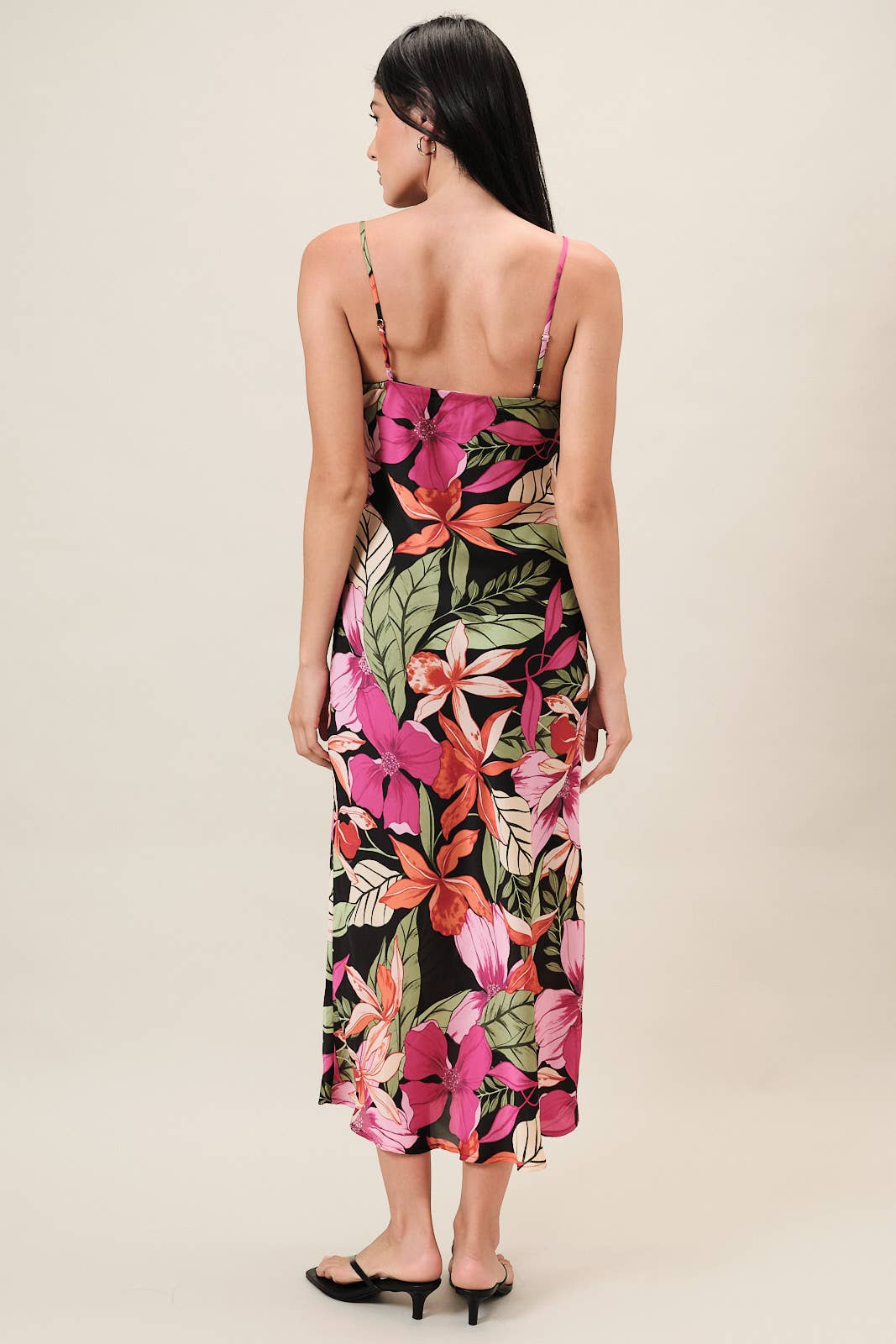Spaghetti Strap Tropical Print Maxi Dress: Black-Multi Tropical