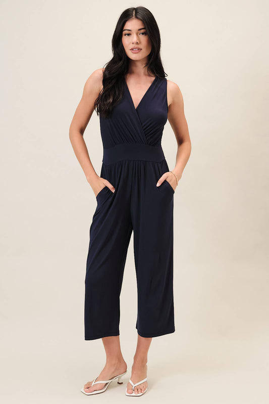Surplice Sleevless Waist Defined Cropped Jumpsuit: Navy