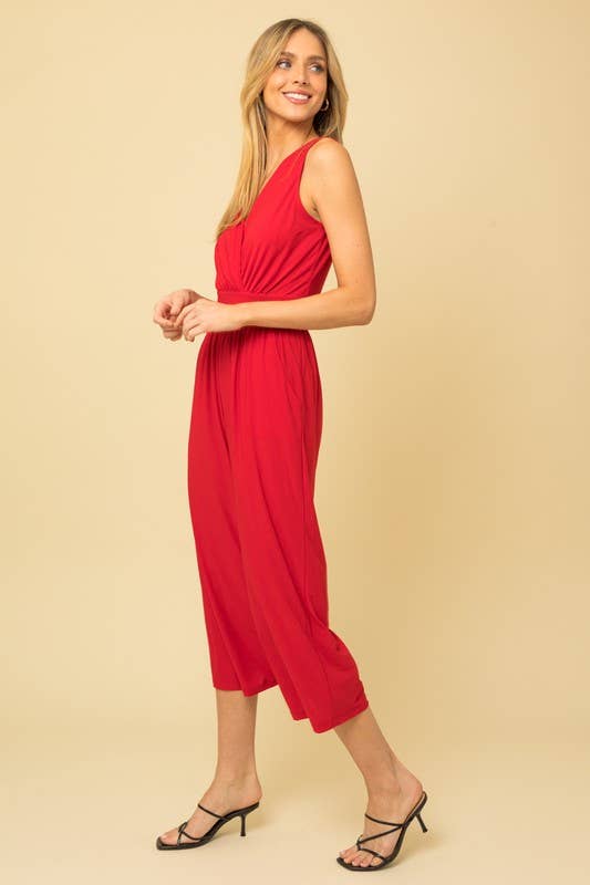 Surplice Sleevless Waist Defined Cropped Jumpsuit: Navy