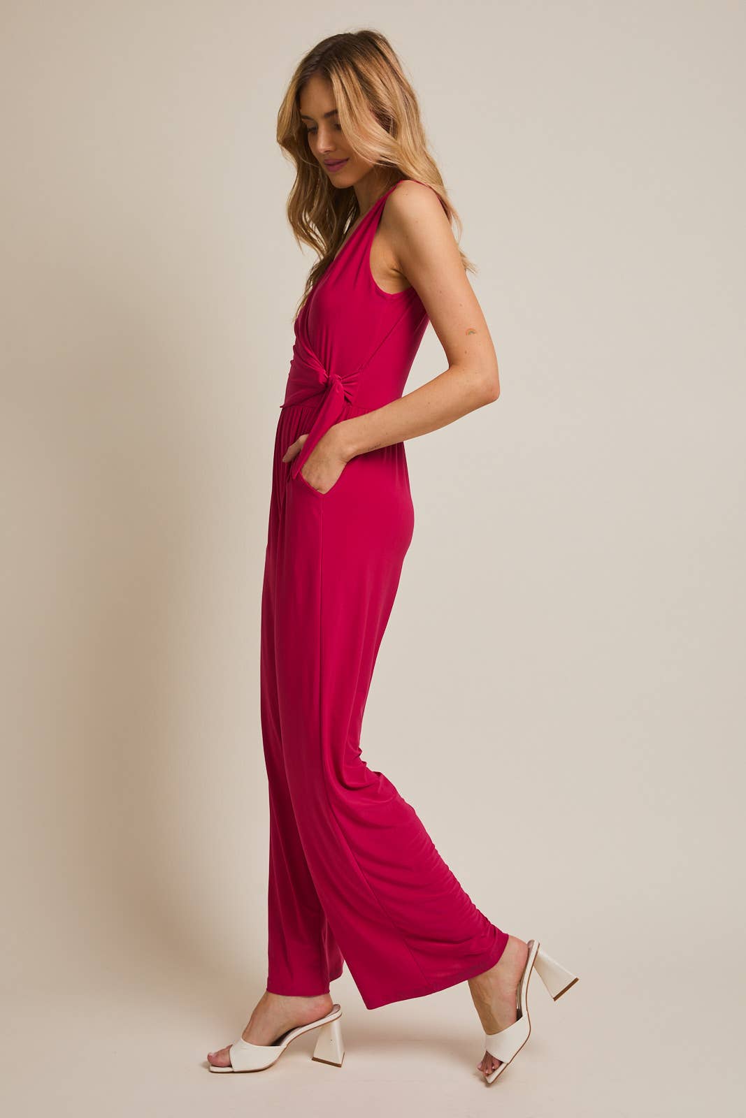 Gilli Sleeveless Wrap Tie Jumpsuit: Fuschia