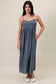 Sweet Heart Neck Spagetti Strap Linen Look Midi Dress: Navy