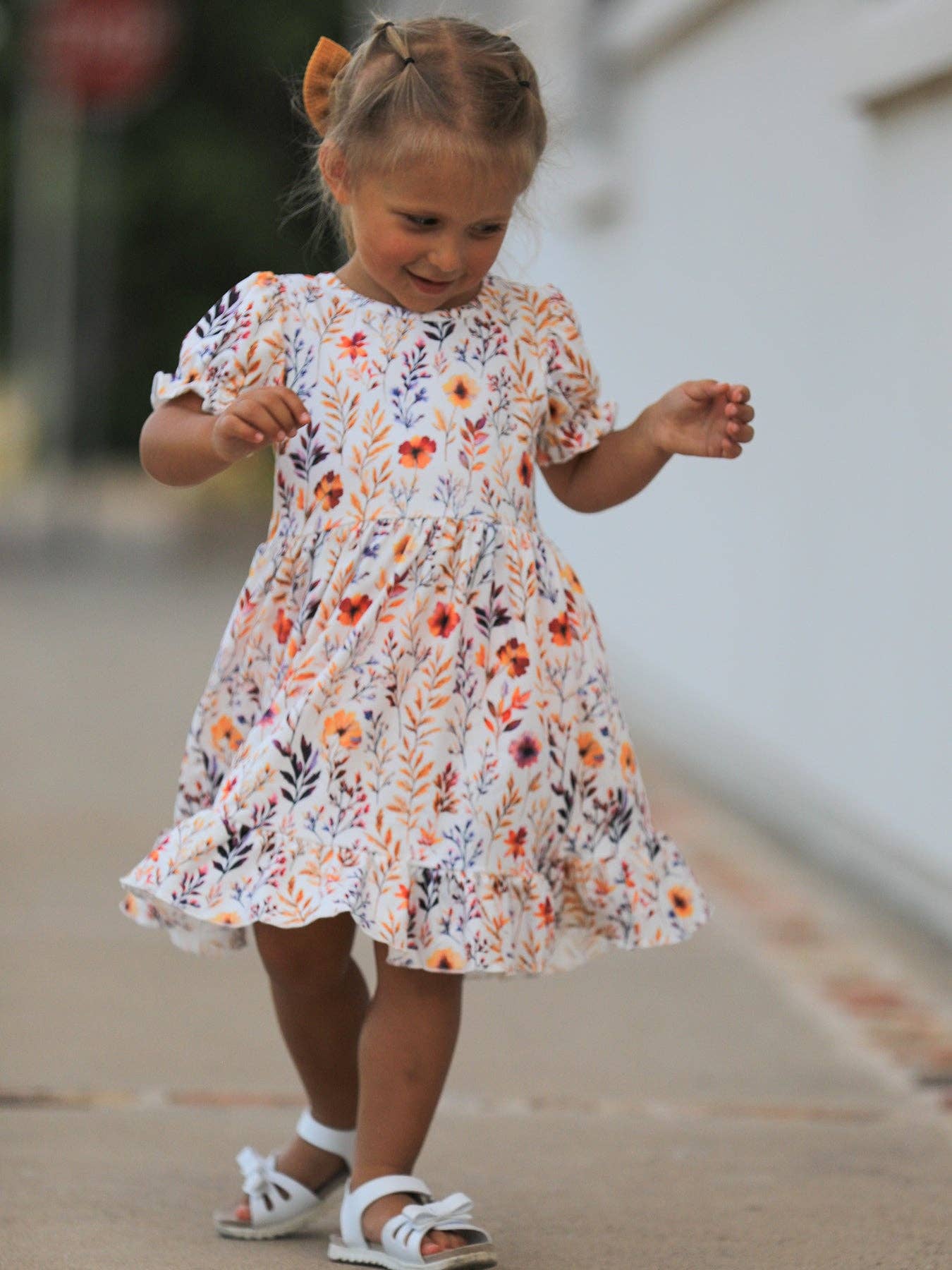 Fall Floral Puff Sleeve Ruffle Girls Dress