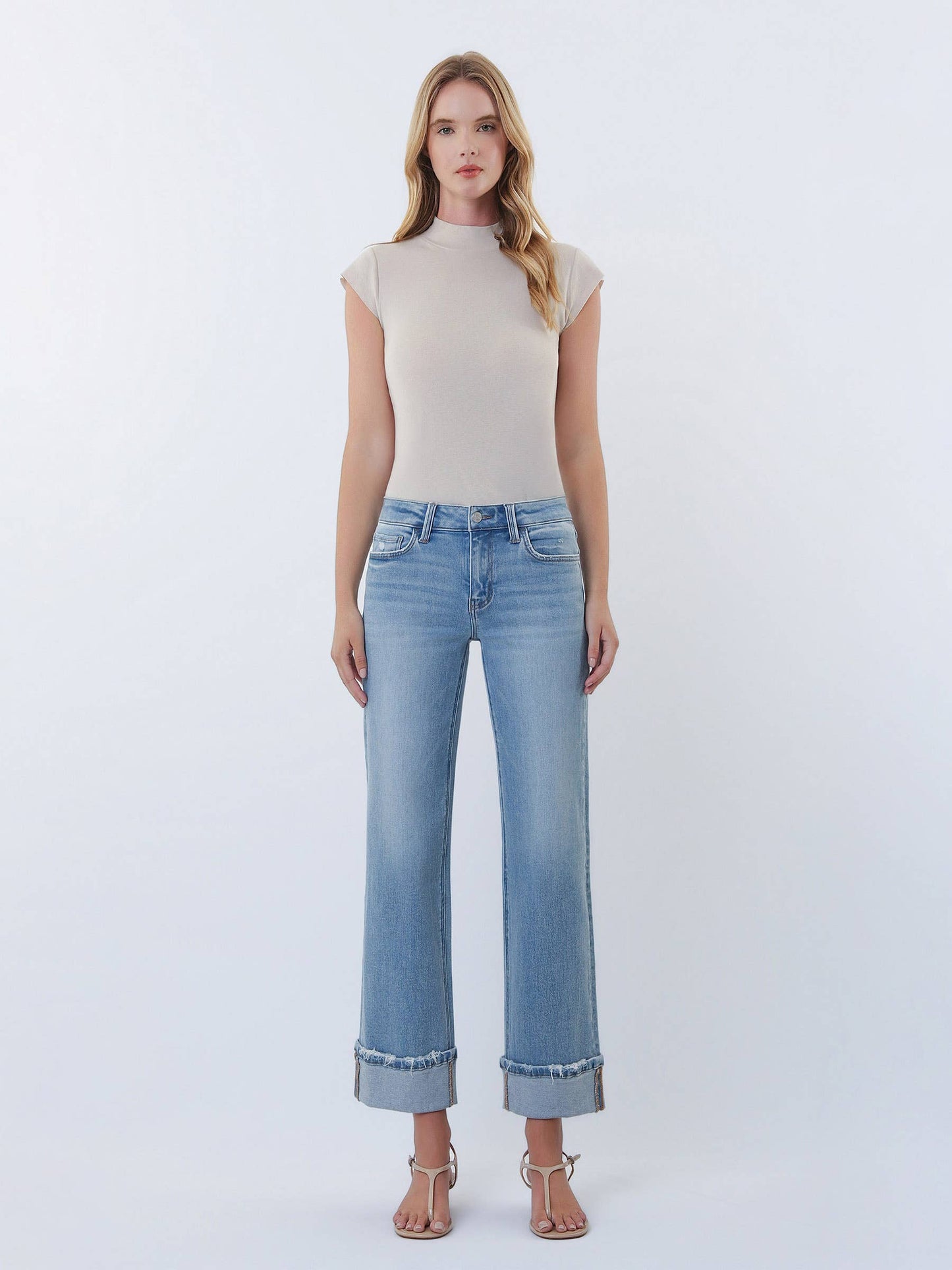 Lovervet Mid Rise Cuffed Slim Wide Leg Jeans