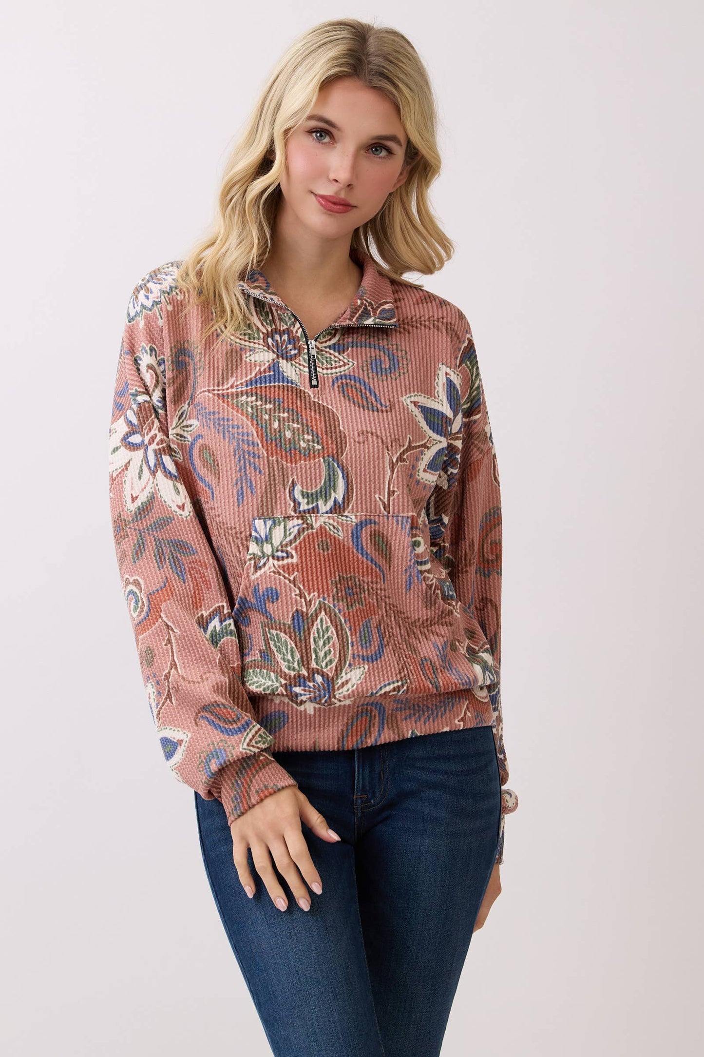 Paisley Print Textured Mauve Half-Zip Pullover