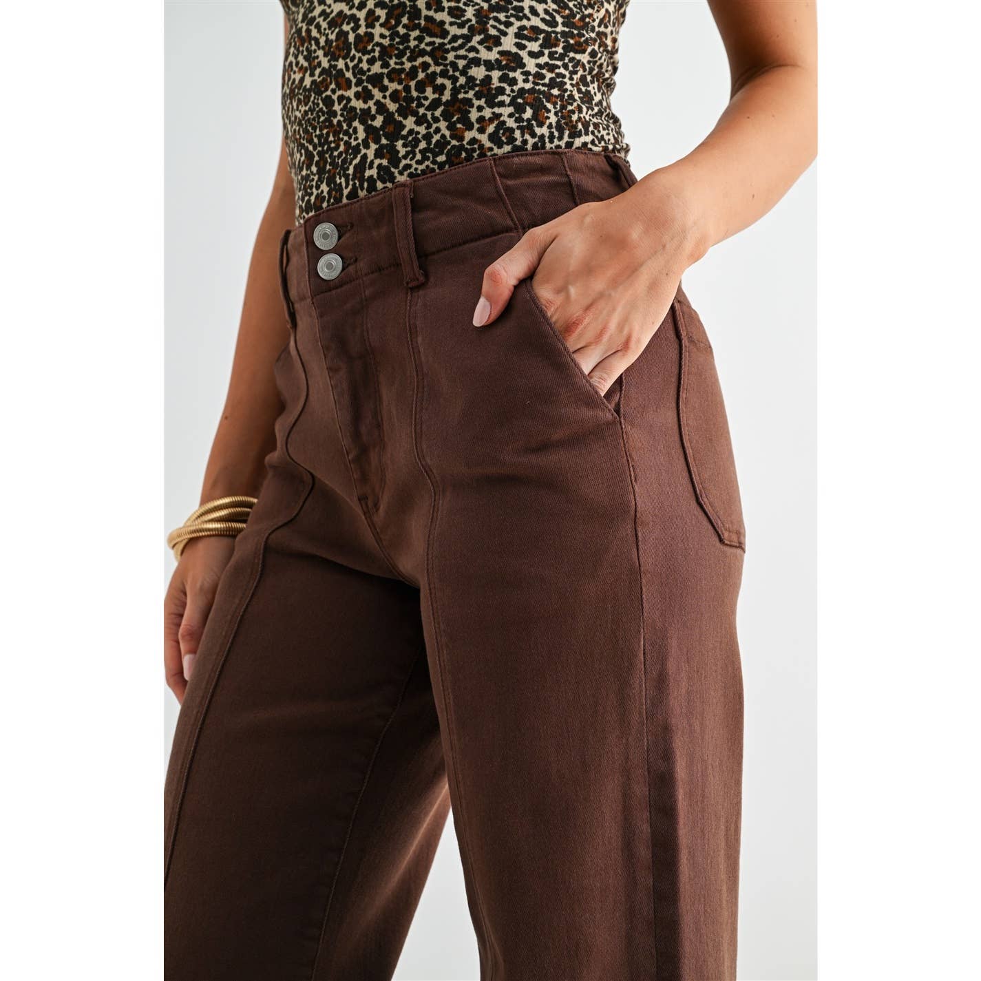 Mica Denim High Rise Tummy Control Wide Leg Seamed Front - Brown