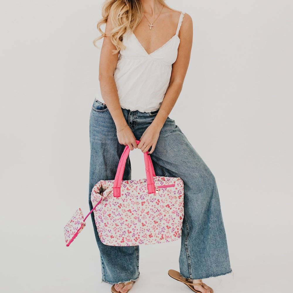 Presley Puffer Quilted Tote Bag With Pouch: Pink Floral