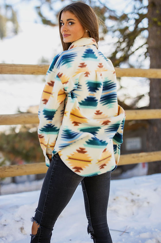 Ivory and Teal Aztec Fornia Fleece Shacket