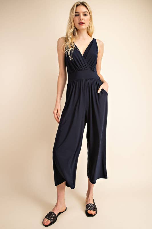 Surplice Sleevless Waist Defined Cropped Jumpsuit: Navy