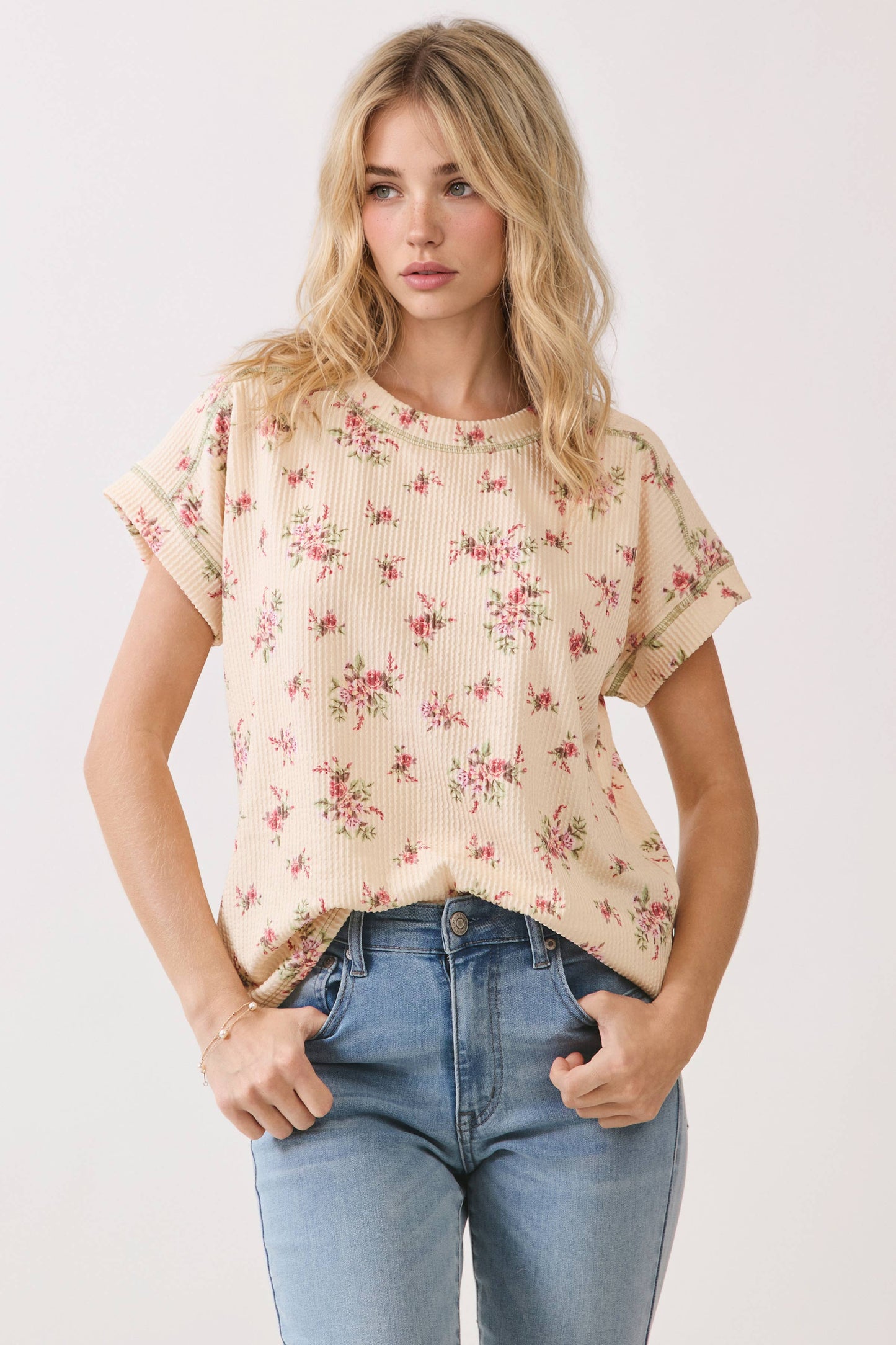 Bombom Floral Ribbed Short Sleeve Knit Top