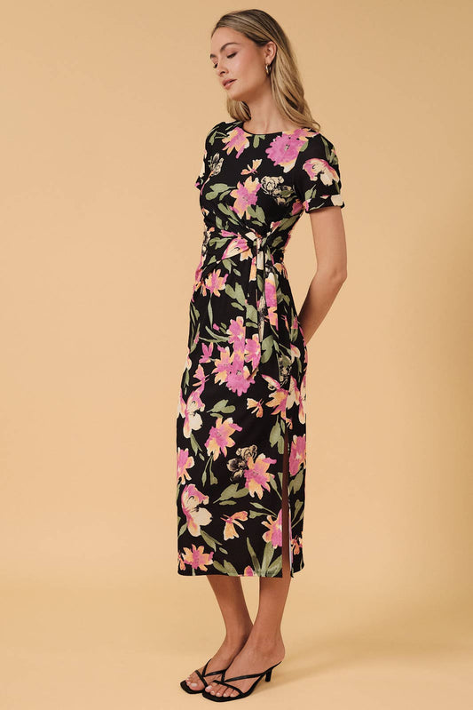 Round Neck Short Sleeve Waist Tie Slit Floral Midi Dress: Black-Multi Floral