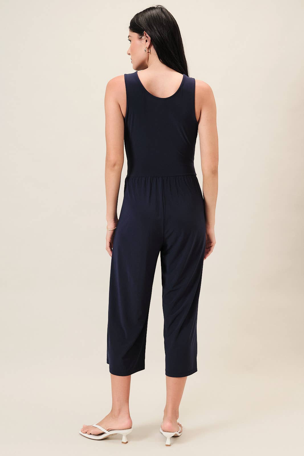 Surplice Sleevless Waist Defined Cropped Jumpsuit: Navy