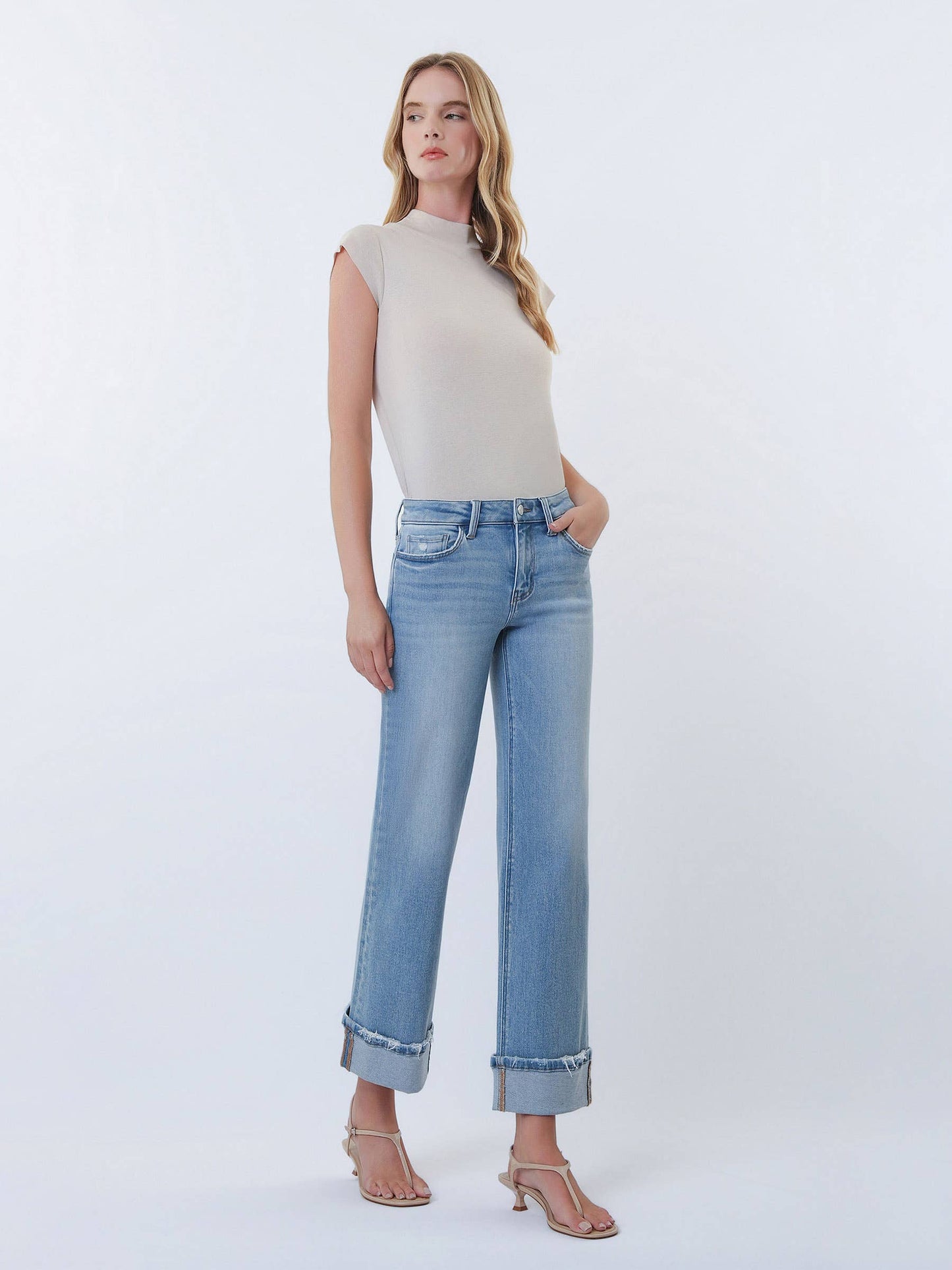Lovervet Mid Rise Cuffed Slim Wide Leg Jeans