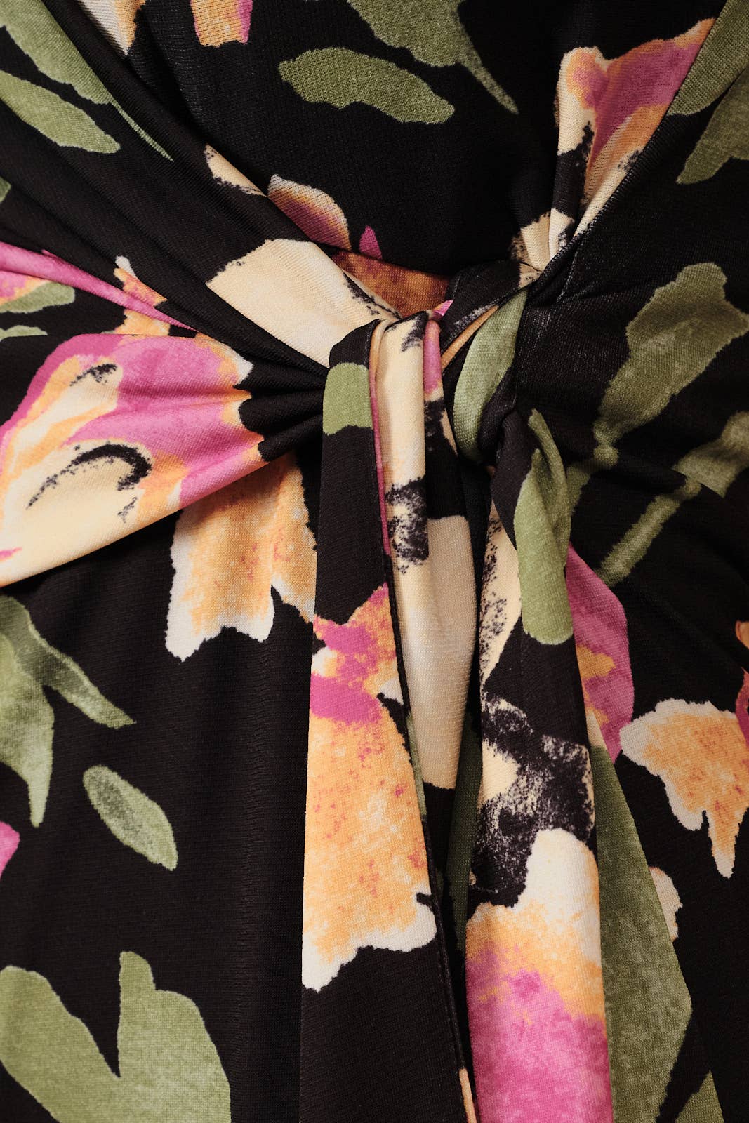 Round Neck Short Sleeve Waist Tie Slit Floral Midi Dress: Black-Multi Floral