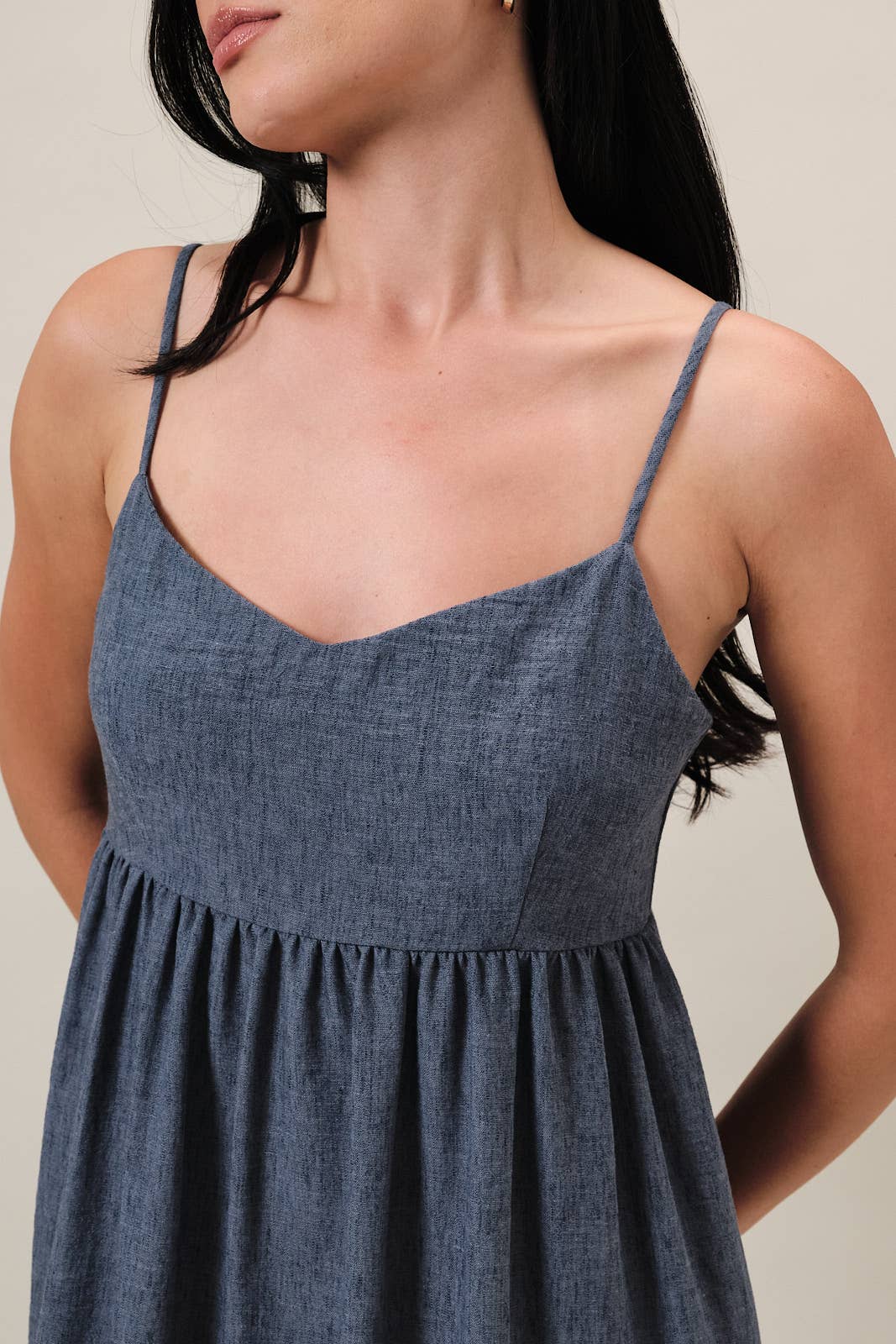 Sweet Heart Neck Spagetti Strap Linen Look Midi Dress: Navy