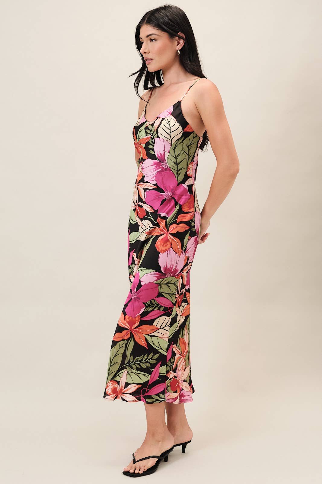 Spaghetti Strap Tropical Print Maxi Dress: Black-Multi Tropical