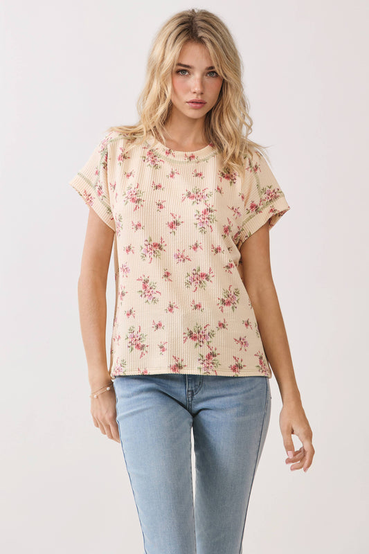 Bombom Floral Ribbed Short Sleeve Knit Top